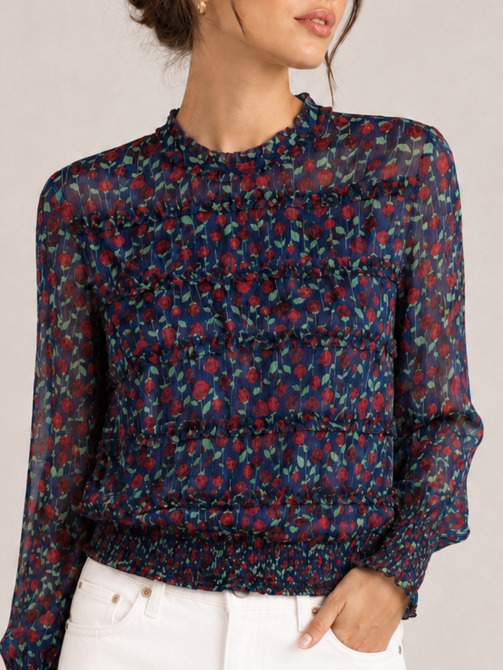 The Kooples Navy Red Rose Floral Ruffle Smocked Blouse Size S